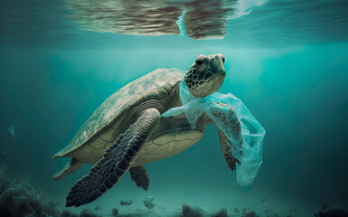 Turtle with plastic bag underwater, AI Generate
