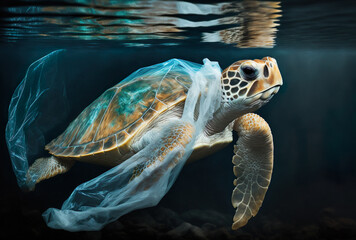 Sea turtle trapped in a plastic bag, AI Generate