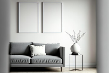 Two empty vertical picture frames on white wall in modern living room. Mock up interior in contemporary, scandinavian style. Copy space for picture, poster. Sofa, table, carpet, lamp. Generative AI