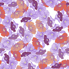 Fototapeta na wymiar Abstract flower line seamless pattern. Delicate floral vintage outline endless background. Retro style.