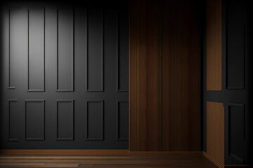 Wooden room with door. Black and brown wall. Generated AI image
