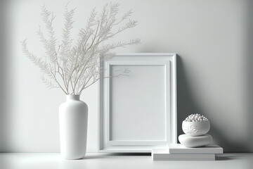 Place a mockup of a white frame and dry twigs in a vase on a desk or book shelf. White hues. Generative AI