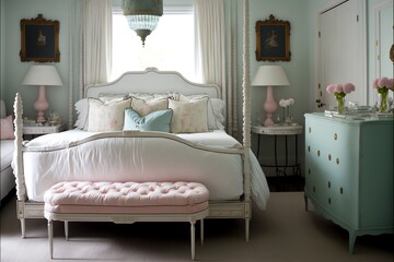 Turquoise and pink classic room with a study desk and toys.
