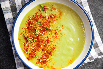 cream soup leek, vegetables, potato healthy meal food snack on the table copy space food background rustic top view keto or paleo diet veggie vegan or vegetarian food no meat