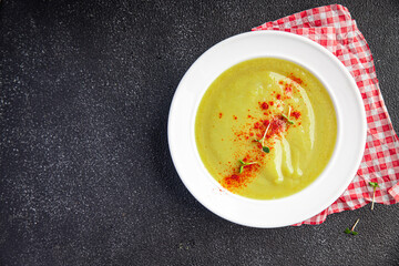 cream soup leek, vegetables, potato healthy meal food snack on the table copy space food background rustic top view keto or paleo diet veggie vegan or vegetarian food no meat