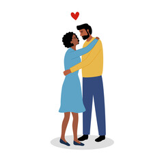 Romantic couple in love concept vector illustration. Black man and woman sweet hugging in flat design on white background.