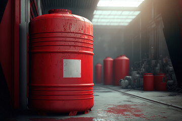 A red barrel which is contained hazardous chemical, acid or flammable material that stored at industrial factory place. Generative Ai image