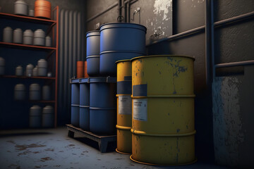 Yellow metal barrel which is contained hazardous chemical, acid or flammable material that stored at industrial storage room. Generative Ai image