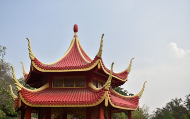A closeup view of chinese style architecture tower in Garden