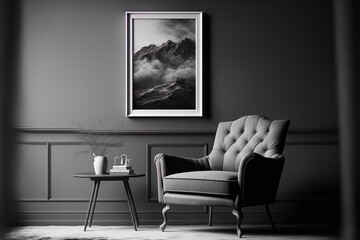 Single monochrome armchair and coffee table in dim gray interior room. Single color composition, Minimal style. , picture frame background. Generative AI