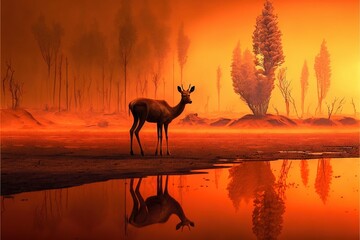  a deer standing in front of a lake at sunset with a forest in the background and a red sky in the background with a few trees and a few oranges to the water in the foreground.