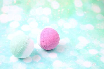 Bath bombs and soap in bathroom, wellness treatment
