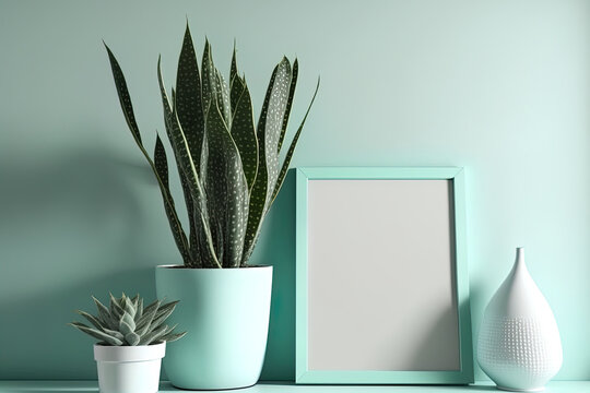 Using a mockup of a picture frame, decorate a modern space. Potted snake plant on white shelf, pastel turquoise wall. Generative AI