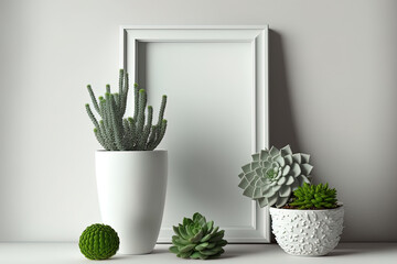 On a white wall background, with an empty white wooden frame and green succulents in a ceramic pot, the interior is minimalist. Generative AI