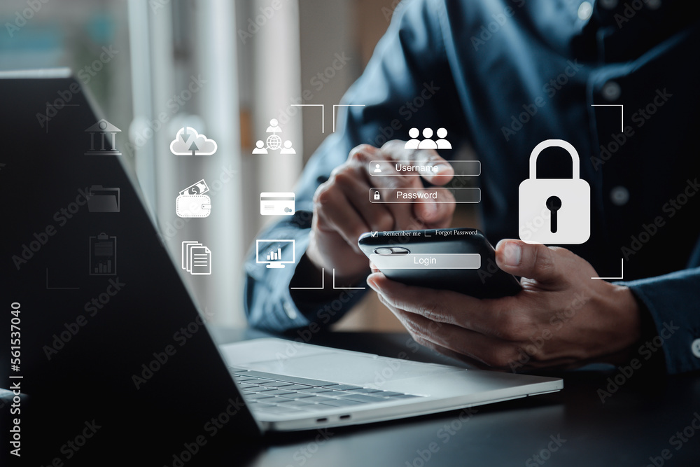 Wall mural user authentication system with username and password, cybersecurity concept,lobal network security 