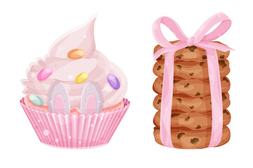 Set vector cute easter cupcake and stack of oatmeal cookies, bunny ears, easter eggs, festive pastries