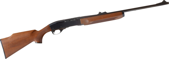 Semi-automatic rifle used for hunting with a wood stock isolated on white