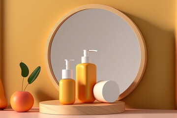 Beauty skincare cosmetic product presentation scene made with mango wood circle pedestal on bathroom accessories background. Front view, copy space. Generative AI