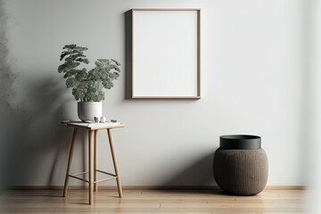 Creative arrangement of a minimalist living room with a wooden stool, a vase, and a mock up poster frame. Copy space Template. Generative AI