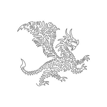 Single swirl continuous line drawing of mighty mythical creatures abstract art. Continuous line draw graphic design vector illustration style of winged and clawed dragon for icon, sign, wall decor