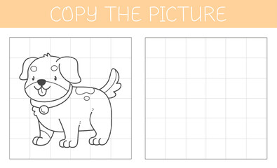Copy the picture is an educational game for kids with a dog. Cute cartoon puppy coloring book.