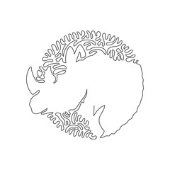Continuous curve one line drawing of rhinoceros up close, abstract art in circle. Single line editable stroke vector illustration of large horn in the middle faces for logo, syimbol, poster wall decor