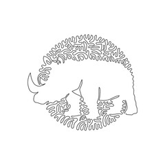Continuous one curve line drawing of  herbivore mammal, abstract art in circle. Single line editable stroke vector illustration of rhinos run very quickly for logo, wall decor, poster print decoration