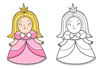 Princess coloring book with an example of coloring for children. Coloring page with a girl in a dress and with a crown. Monochrome and colour version. hildren's illustration.