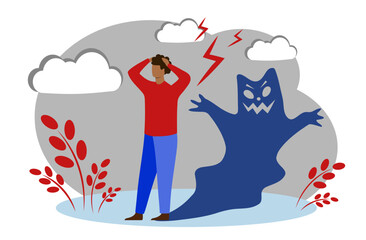 Human fears. The man is afraid. Schizophrenia, hallucinations. Mental health.