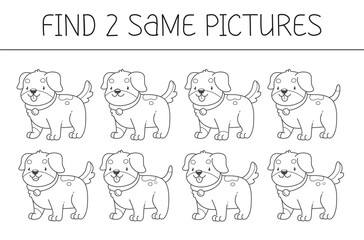 Find two some pictures is an educational game for kids with a dog. Cute puppy coloring book.