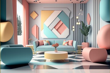 A modern living room, in a minimalist millenium crib, high ceiling and filled with warm pink and khaki colour as the wall blend in with the design of the furniture.	