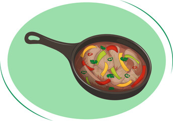 Mexican dish of meat and vegetables cut into strips and grilled - Fajitas. Traditional Latin American cuisine. Vector illustration. Cartoon.