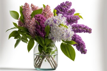  a vase filled with purple and white flowers on a table top next to a white wall and a white background with a white wall behind it and a white background with a white border with a.