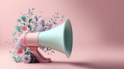 Minimal spring sale concept with megaphone and flowers on pink background. Copy space for text. Generative ai