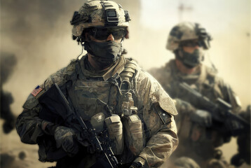 Fototapeta premium Squad of Two Fully Equipped and Armed US Soldiers Standing on Hill in Desert Environment in Sunset Light. Generative ai