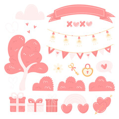 A set of cute pink cartoon elements for Valentine's day design. Day of love isolated illustration.