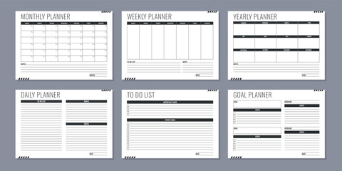 Planner pages templates. Daily, weekly, monthly, and yearly planners. Minimalism business organizer. Vector illustration.