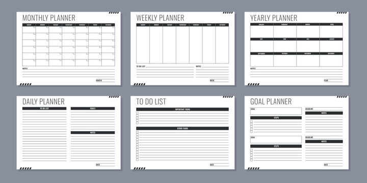 Planner pages templates. Daily, weekly, monthly, and yearly planners. Minimalism business organizer. Vector illustration.