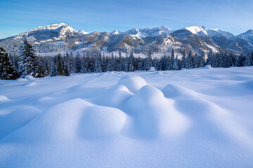 Panoramic view of winter Tatra Mountains, National Park in Poland. Mountains in the snow. Rusinowa Polana. - obrazy, fototapety, plakaty