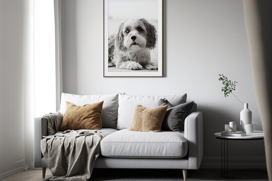 Real photo with copy space, with a dog poster in a white frame above a cozy grey couch and pillows in a minimalist home room. Generative AI