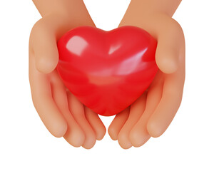 Cartoon Hands holding a red heart isolated on white backgroun with clipping path or valentines day decoration, 3D rendering illustration