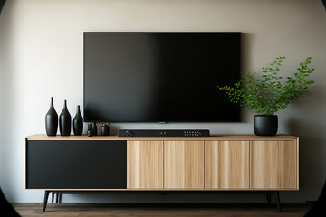 Modern living room zen style smart TV mockup hanging on cabinet décor with a blank, black screen. Generative AI