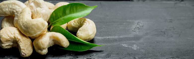 Cashew nuts with leaves .