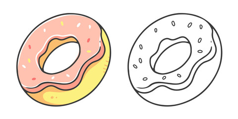 Pink donut coloring book with coloring example for kids. Coloring page with food. Monochrome and color version. children's illustration.