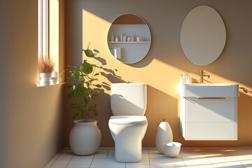 Realistic interior modern bathroom, vanity unit with LED round mirror, White porcelain ceramics toilet bowl with Bidet, clean marble floor, brown wall tiles, Sunlight, Window, Space, Hygiene