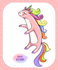 Birthday party clipart, white background, pink unicorn, cake, rainbow, gifts. Suitable for T-shirt and fashion accessory.