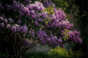  a painting of a tree with purple flowers in the foreground and a green bush in the background with a stone wall in the background and a green area with a bench and a bench.