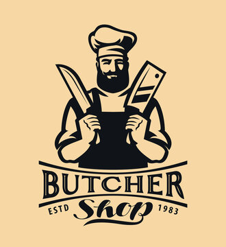 Chef or butcher with meat knives in hands. Butcher shop logo emblem for design. Farm food badge. Vector illustration