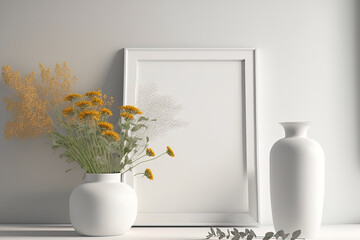 Vertical mock up of a photo frame with a vase of fresh flowers in the background. Nordic style interior design. minimal fashion. Generative AI