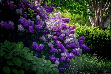 Obraz premium a painting of a garden with purple flowers and green bushes and trees in the background, with a bench in the foreground and a stone path in the foreground, and a stone. Generative AI